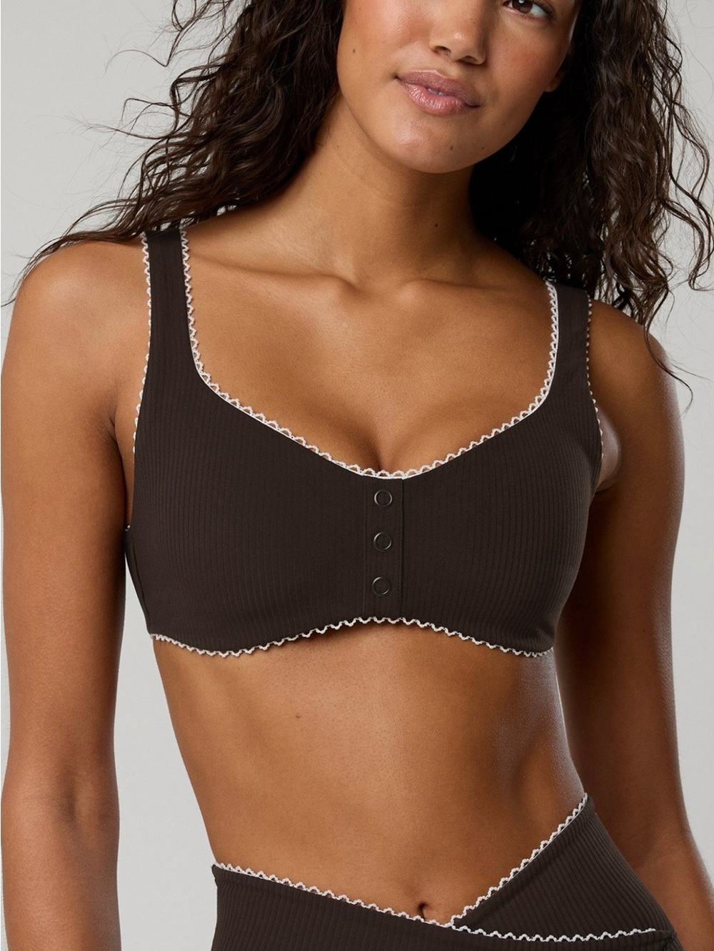 aerie Chocolate Ribbed Scoop Bralette with White Trim